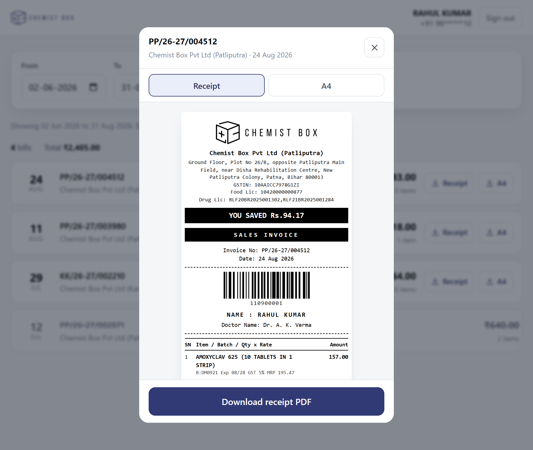 A bill opened in the receipt view