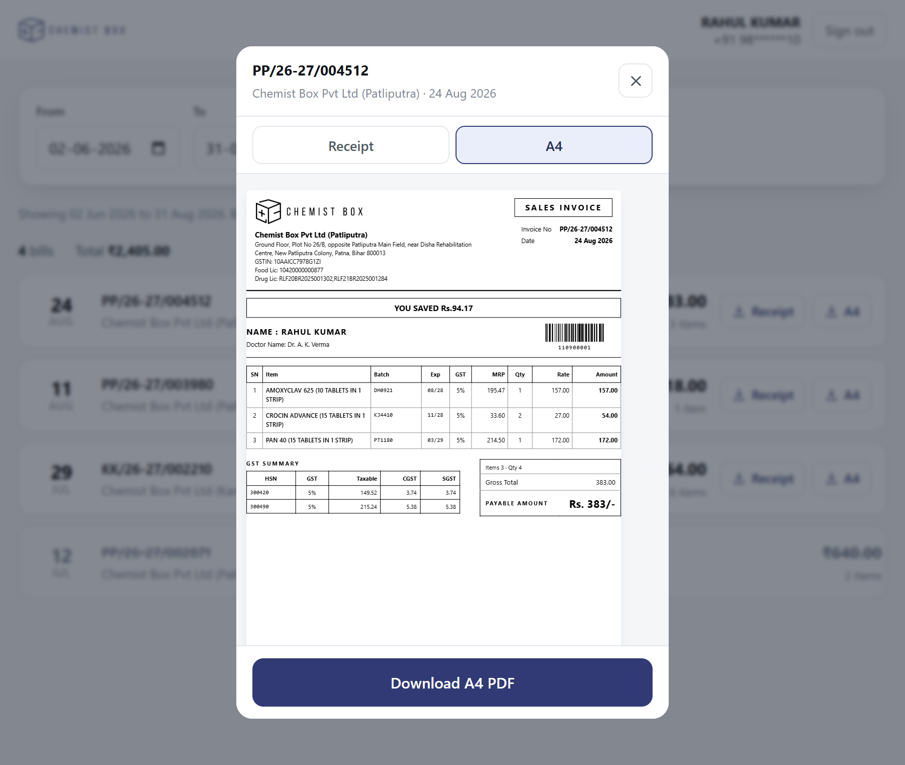 The same bill as an A4 invoice